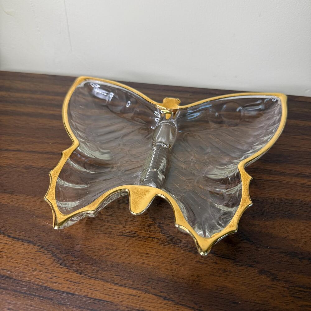 Vintage Butterfly Gold Edged Dish Trinket Ring Tray Jeanette Glass